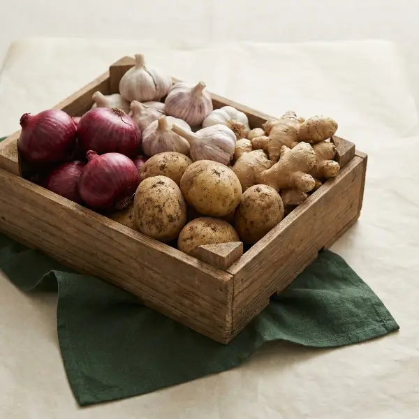 Oignons, pommes de terre, ail & gingembre
